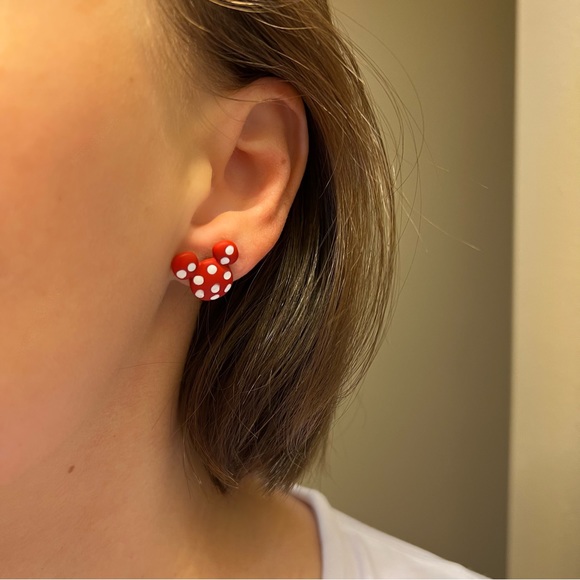 Cute Red & White Polka Dot Disney Mickey Mouse Head Ears Stud Earrings NEW - Picture 2 of 5